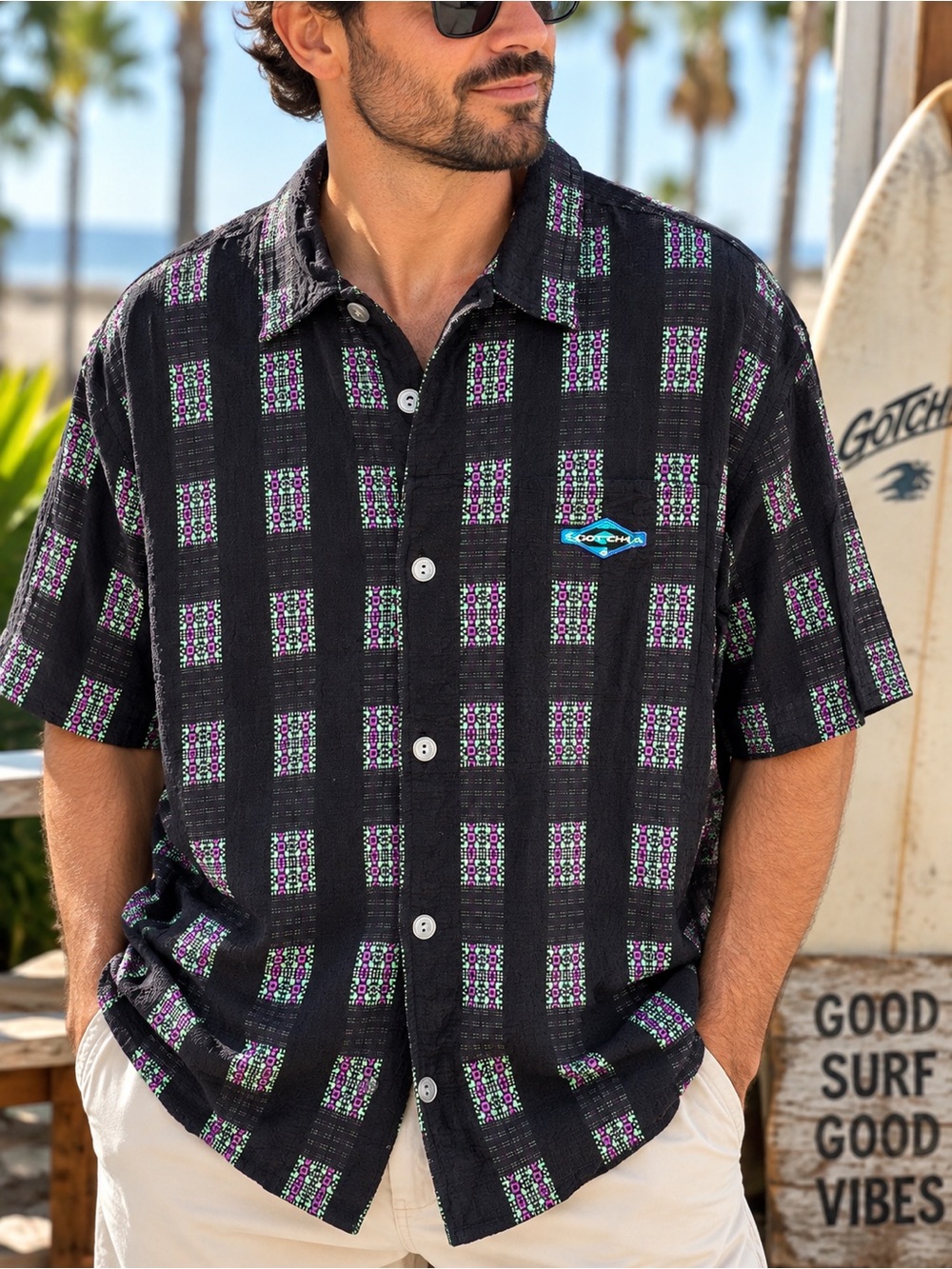 Vintage 90s Gotcha Surf Skate Geometric Button Up Shirt Large #596